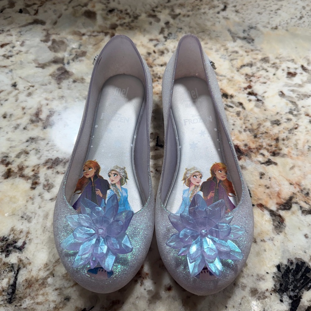 Girl Mini Melissa Disney frozen themed Glittery Silver Shoes with Blue Flower